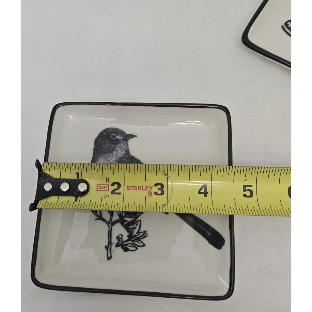 Grace and Belle Square Jewelry Ring Dish Set Black/White Ceramic Bird/Butterfly